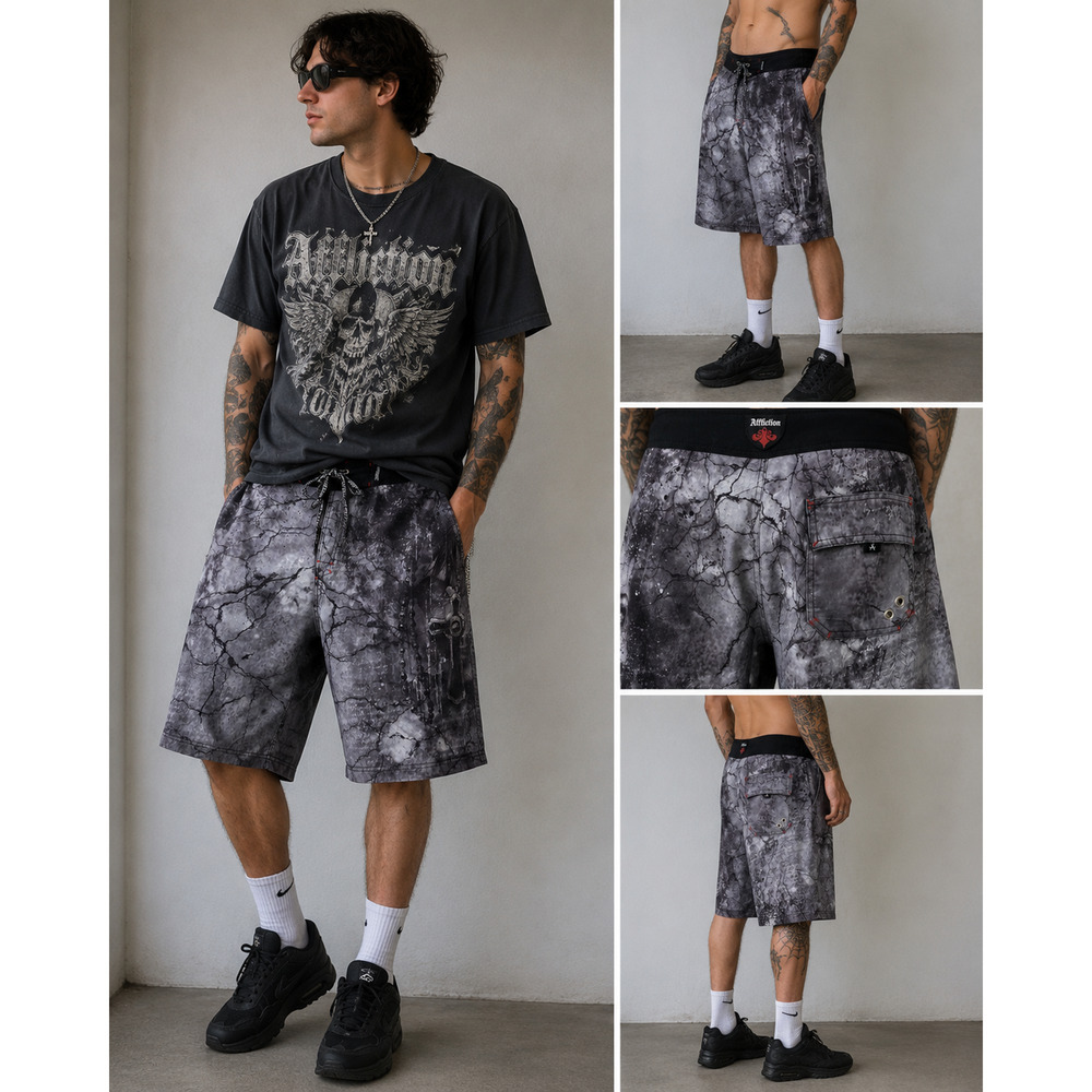 Affliction Men’s Board Shorts Gray Gothic Cross Graphic Skull Y2K Surf Size 36